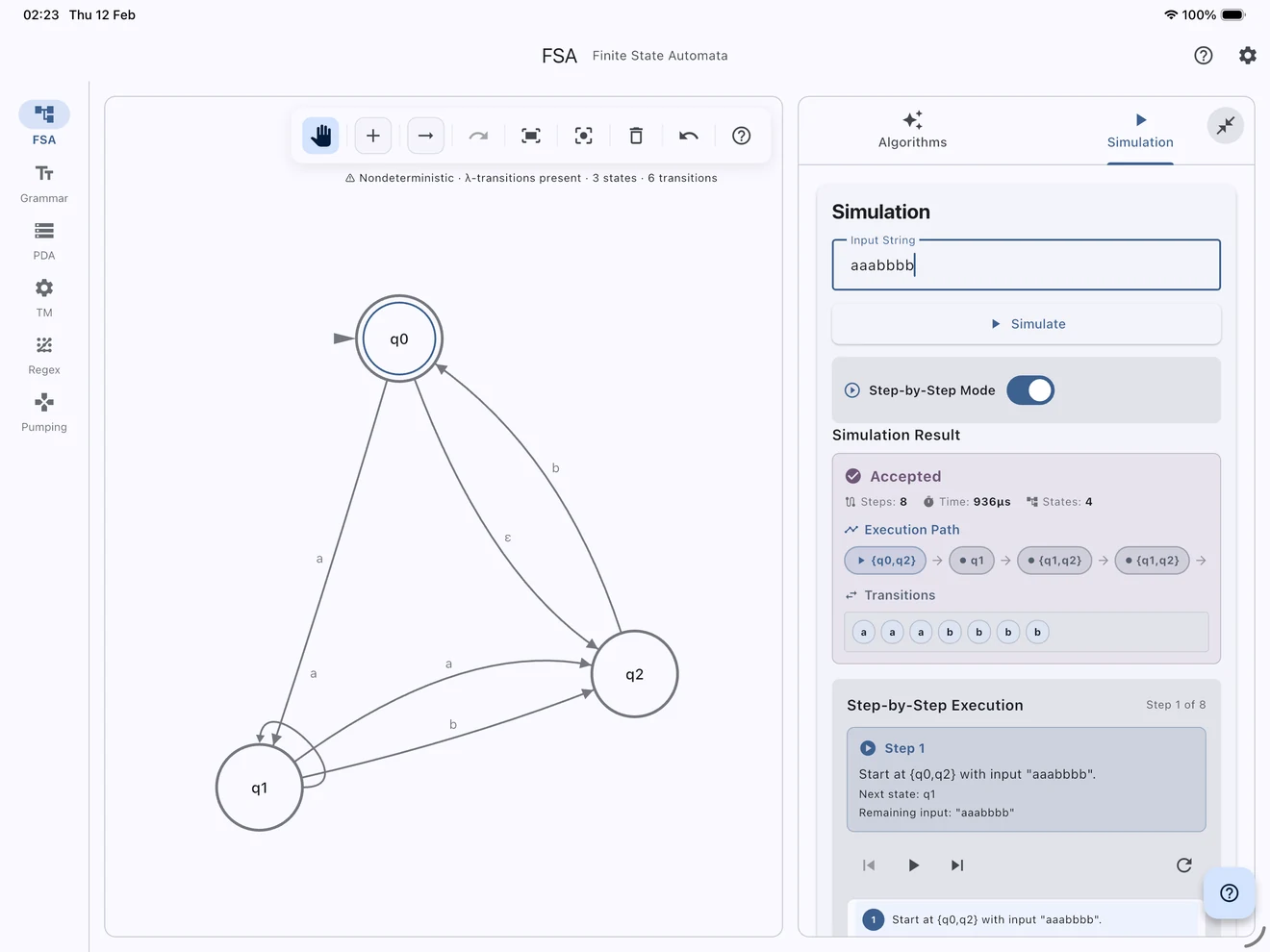 Finite-state automata simulation with an editable canvas and step-by-step execution trace