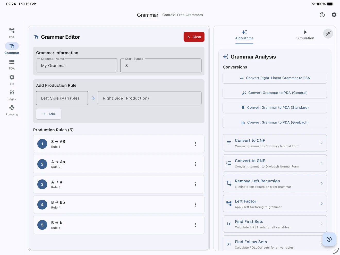 Context-free grammar editor with production rules and transformation controls